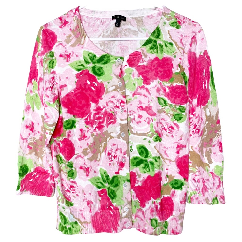 Talbots Floral Print Long Sleeve Button Down Sweater Cardigan Women’s Me…